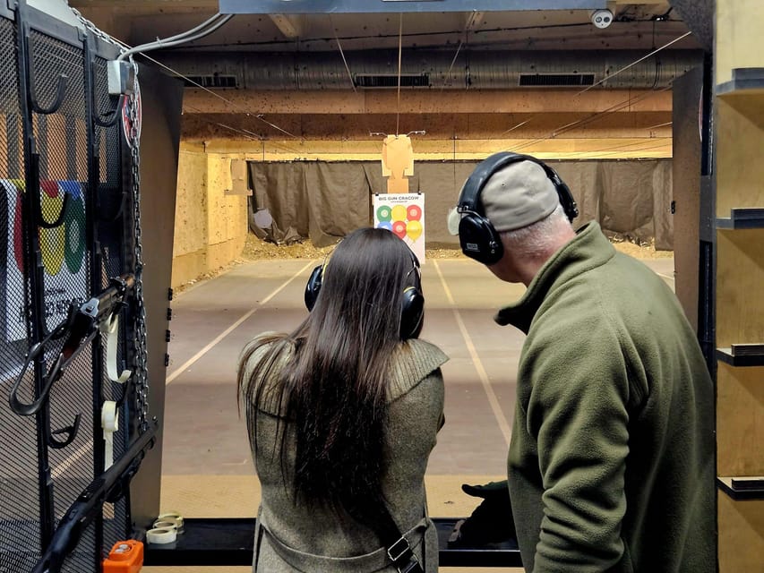 Krakow: Shooting range with hotel pickup - The range lineup: Revolver, Glock, AK-47 and Uzi